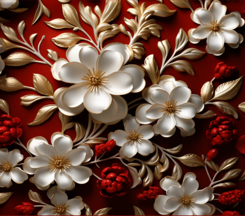3D Floral - Red and White w/Gold Leaf 
